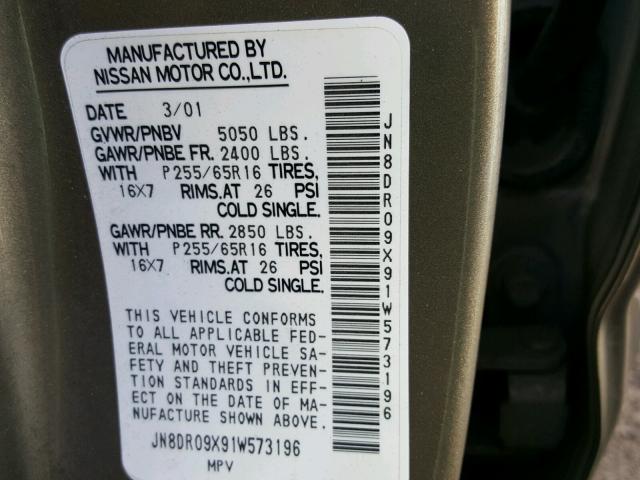 JN8DR09X91W573196 - 2001 NISSAN PATHFINDER GRAY photo 10