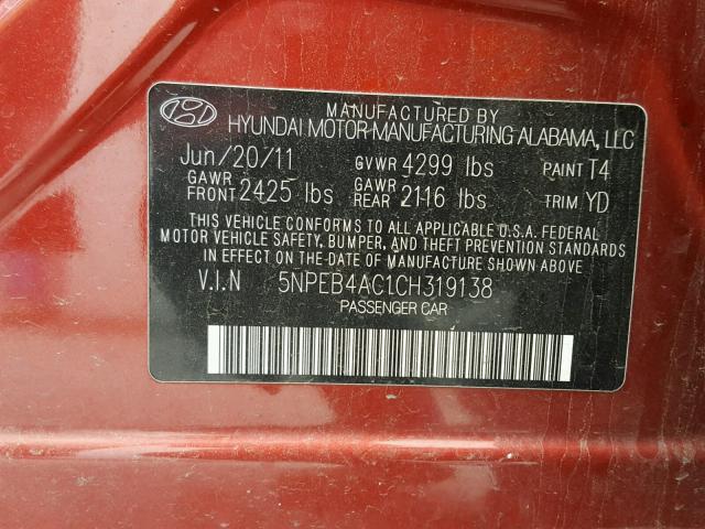 5NPEB4AC1CH319138 - 2012 HYUNDAI SONATA GLS RED photo 10