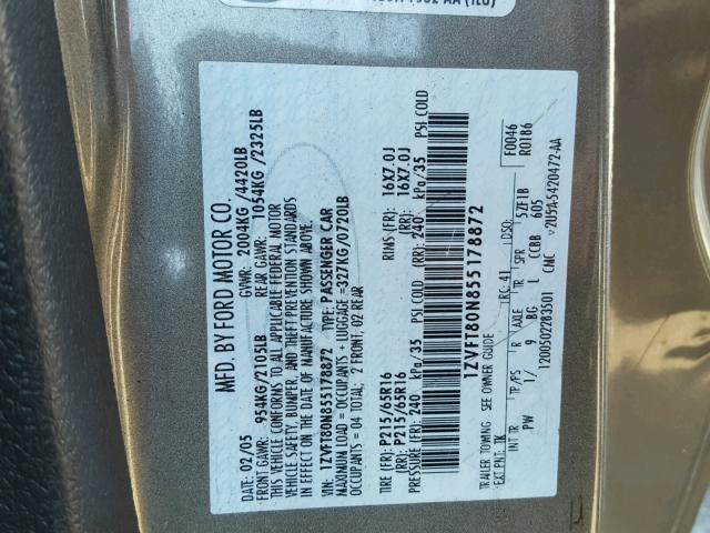 1ZVFT80N855178872 - 2005 FORD MUSTANG GRAY photo 10