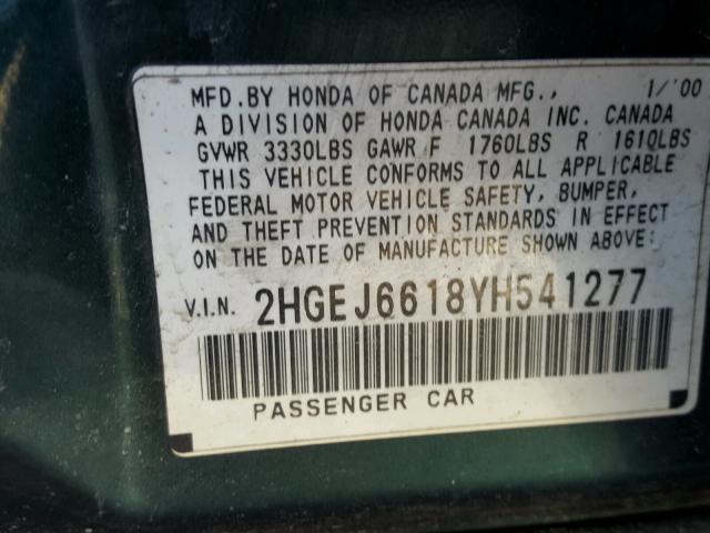 2HGEJ6618YH541277 - 2000 HONDA CIVIC BASE GREEN photo 10