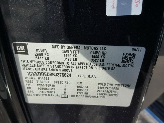 1GKKRRED8BJ376624 - 2011 GMC ACADIA SLT შავი ფოტო 10