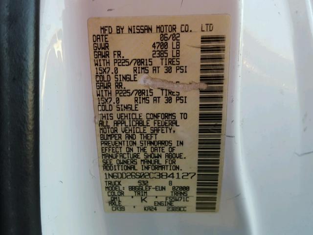 1N6DD26S02C384127 - 2002 NISSAN FRONTIER K WHITE photo 10