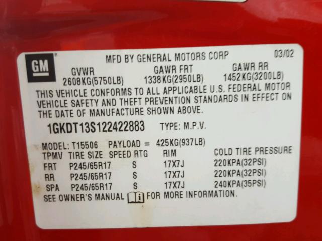 1GKDT13S122422883 - 2002 GMC ENVOY RED photo 10