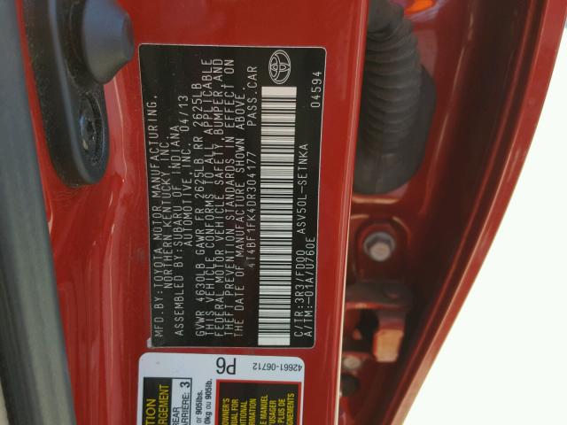 4T4BF1FK4DR304177 - 2013 TOYOTA CAMRY L RED photo 10