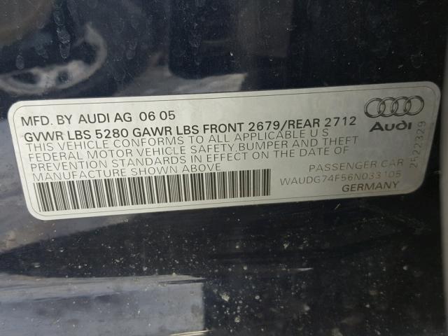 WAUDG74F56N033105 - 2006 AUDI A6 3.2 QUA BLUE photo 10