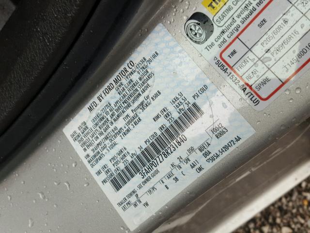 3FAHP07Z78R231840 - 2008 FORD FUSION SE SILVER photo 10