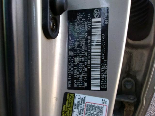 4T1BE32K94U837818 - 2004 TOYOTA CAMRY LE GOLD photo 10