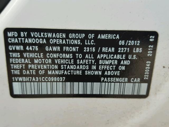 1VWBH7A31CC098037 - 2012 VOLKSWAGEN PASSAT SE WHITE photo 10