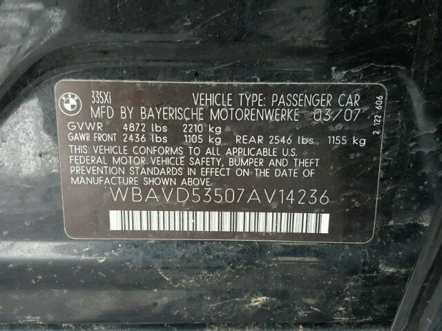 WBAVD53507AV14236 - 2007 BMW 335 XI BLACK photo 10