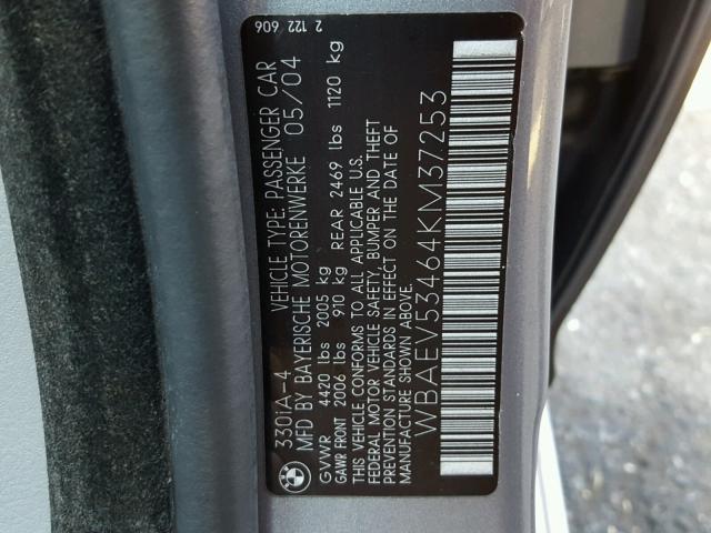 WBAEV53464KM37253 - 2004 BMW 330 I GRAY photo 10