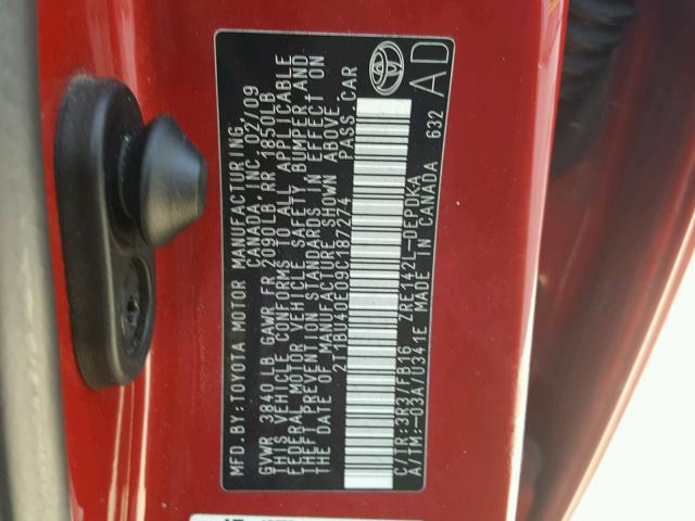 2T1BU40E09C187274 - 2009 TOYOTA COROLLA BA RED photo 10