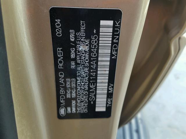 SALME11414A164585 - 2004 LAND ROVER RANGE ROVE GOLD photo 10