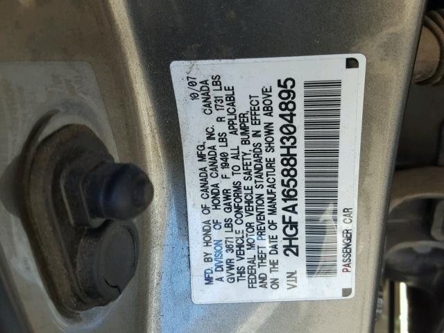 2HGFA16588H304895 - 2008 HONDA CIVIC LX GRAY photo 10