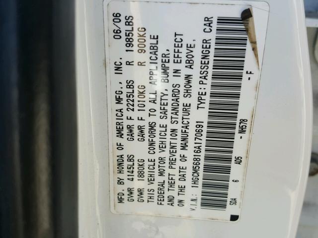 1HGCM56816A170691 - 2006 HONDA ACCORD EX WHITE photo 10