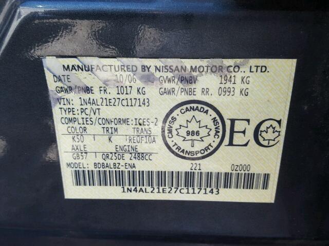 1N4AL21E27C117143 - 2007 NISSAN ALTIMA 2.5 CHARCOAL photo 10