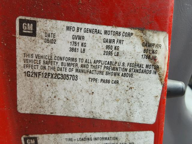 1G2NF12FX2C305703 - 2002 PONTIAC GRAND AM S RED photo 10