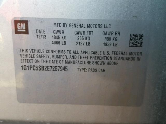 1G1PC5SB2E7257945 - 2014 CHEVROLET CRUZE LT SILVER photo 10