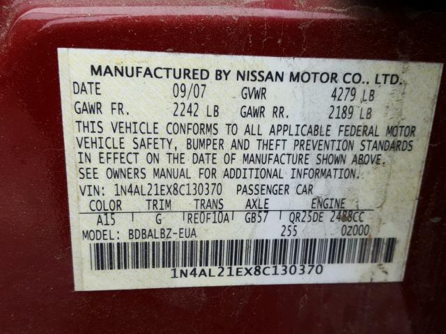 1N4AL21EX8C130370 - 2008 NISSAN ALTIMA 2.5 MAROON photo 10