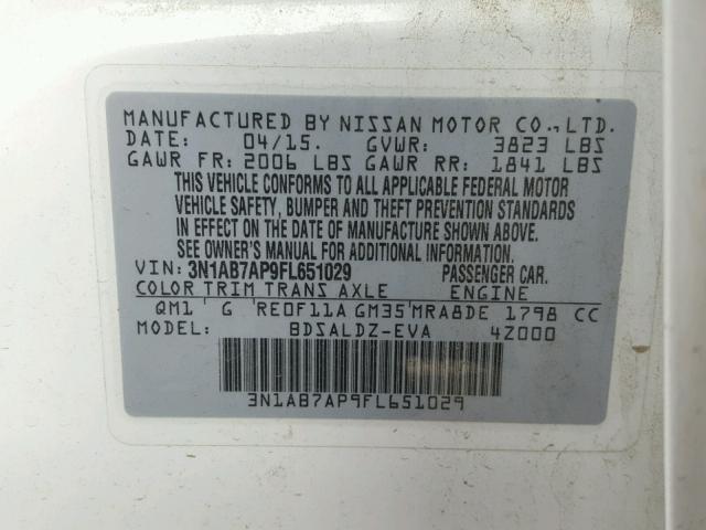 3N1AB7AP9FL651029 - 2015 NISSAN SENTRA S WHITE photo 10