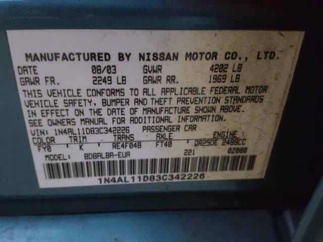 1N4AL11D83C342226 - 2003 NISSAN ALTIMA BAS TEAL photo 10