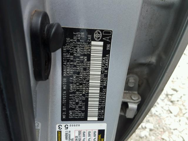 2T1BR32E16C692986 - 2006 TOYOTA COROLLA CE SILVER photo 10