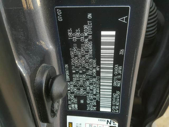 JTEBU14R478105773 - 2007 TOYOTA 4RUNNER SR GRAY photo 10