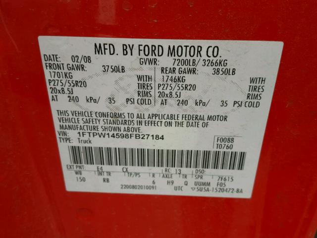 1FTPW14598FB27184 - 2008 FORD F150 SUPER RED photo 10