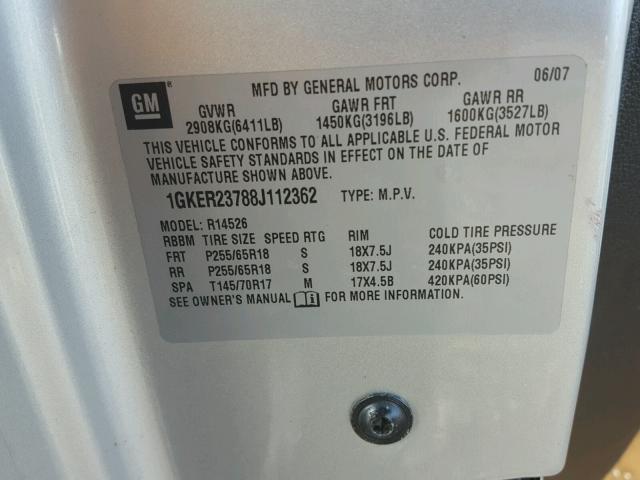 1GKER23788J112362 - 2008 GMC ACADIA SLT ვერცხლისფერი ფოტო 10