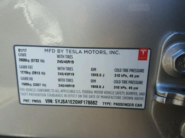 5YJSA1E20HF178882 - 2017 TESLA MODEL S SILVER photo 10