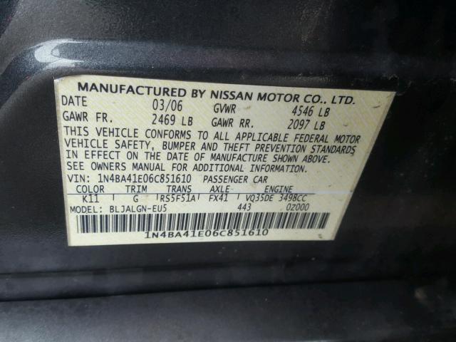 1N4BA41E06C851610 - 2006 NISSAN MAXIMA SE GRAY photo 10