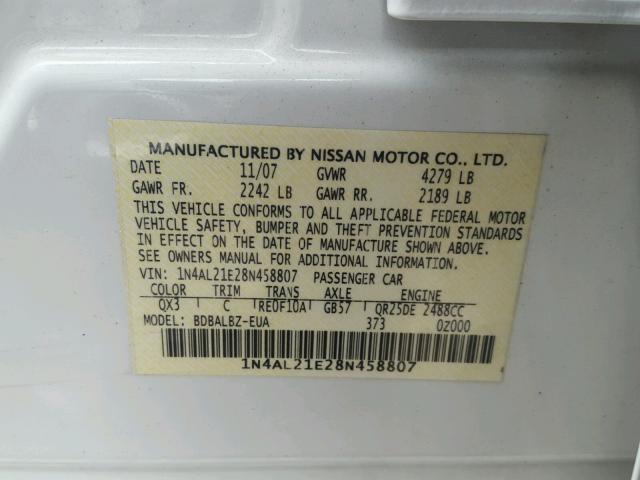 1N4AL21E28N458807 - 2008 NISSAN ALTIMA 2.5 WHITE photo 10