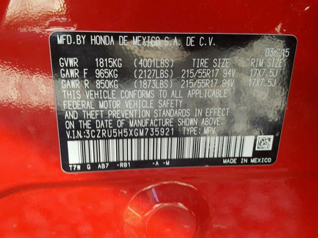 3CZRU5H5XGM735921 - 2016 HONDA HR-V EX RED photo 10