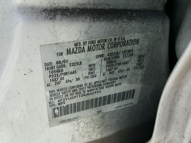 4F2YU09112KM00935 - 2002 MAZDA TRIBUTE LX SILVER photo 10