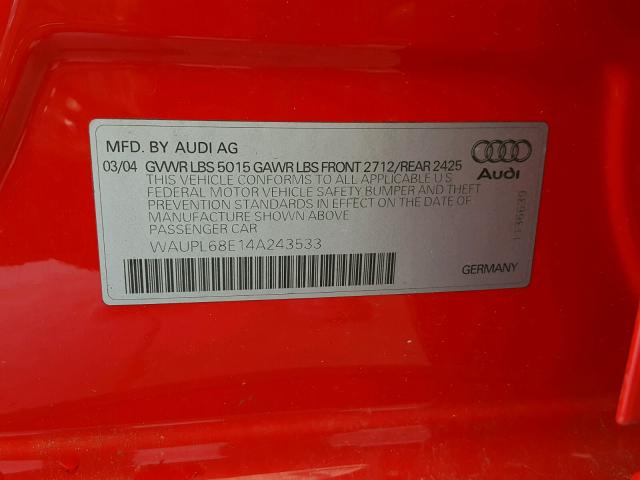 WAUPL68E14A243533 - 2004 AUDI S4 RED photo 10