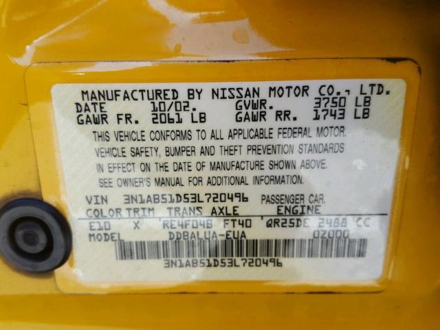 3N1AB51D53L720496 - 2003 NISSAN SENTRA SE- YELLOW photo 10