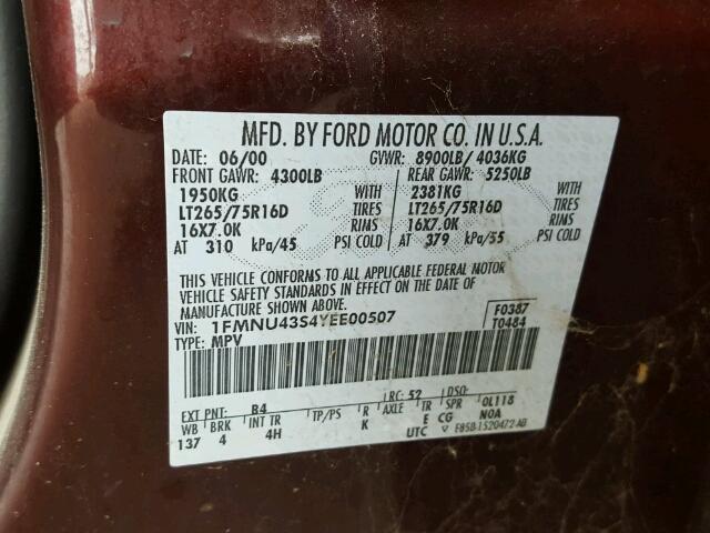 1FMNU43S4YEE00507 - 2000 FORD EXCURSION MAROON photo 10