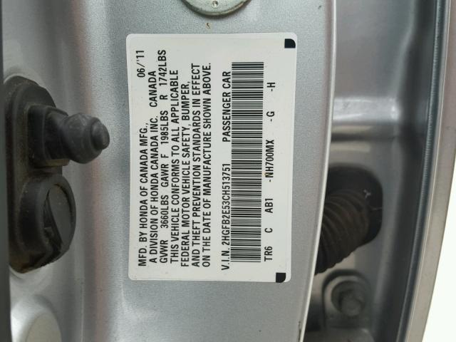 2HGFB2E53CH513751 - 2012 HONDA CIVIC LX SILVER photo 10