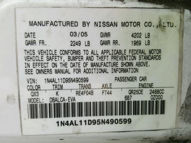 1N4AL11D95N490599 - 2005 NISSAN ALTIMA S WHITE photo 10