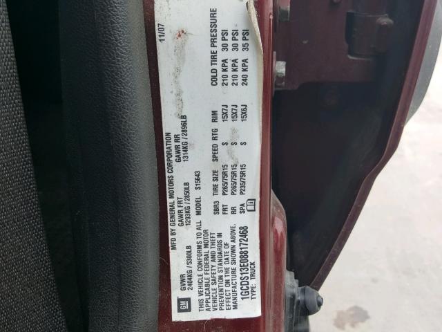 1GCDS13E088172468 - 2008 CHEVROLET COLORADO MAROON photo 10