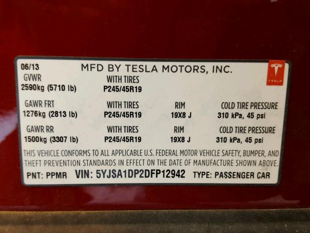 5YJSA1DP2DFP12942 - 2013 TESLA MODEL S RED photo 10