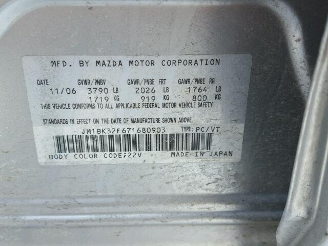 JM1BK32F671680903 - 2007 MAZDA 3 I SILVER photo 10