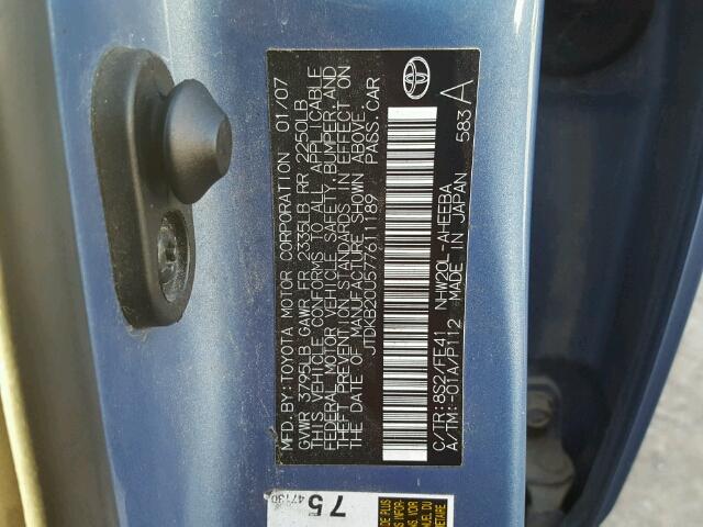 JTDKB20U577611189 - 2007 TOYOTA PRIUS BLUE photo 10