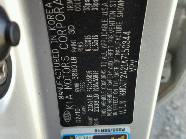 KNDJT2A21A7150344 - 2010 KIA SOUL + SILVER photo 10