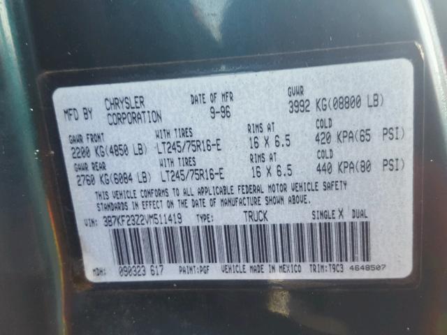 3B7KF23Z2VM511419 - 1997 DODGE RAM 2500 GREEN photo 10