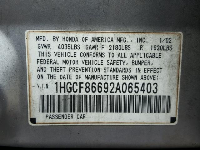 1HGCF86692A065403 - 2002 HONDA ACCORD VAL SILVER photo 10