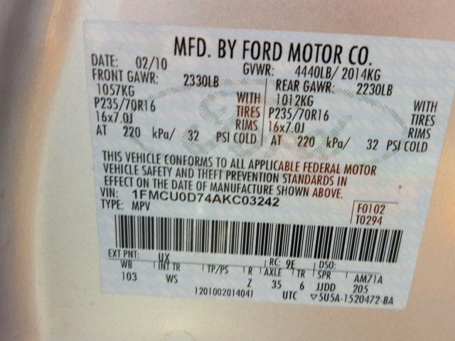 1FMCU0D74AKC03242 - 2010 FORD ESCAPE XLT SILVER photo 10