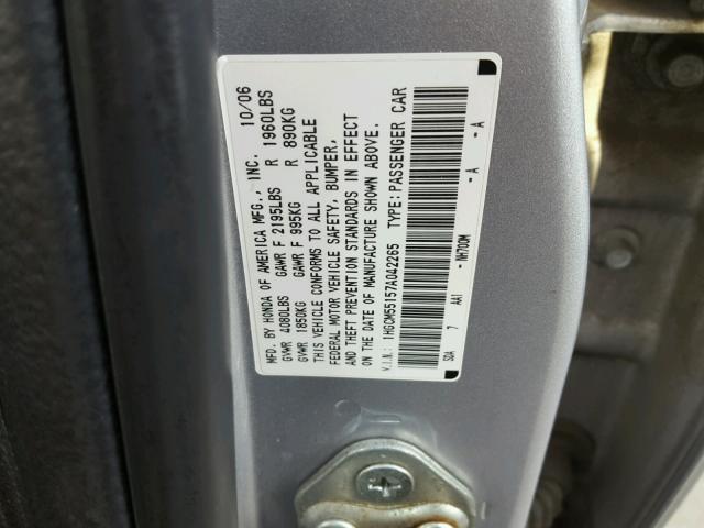 1HGCM55157A042265 - 2007 HONDA ACCORD VAL SILVER photo 10