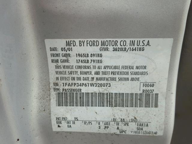 1FAFP34P61W328073 - 2001 FORD FOCUS SE SILVER photo 10