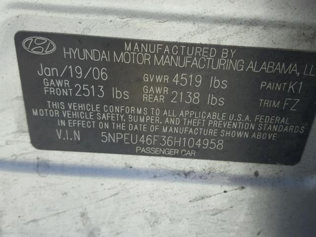 5NPEU46F36H104958 - 2006 HYUNDAI SONATA GLS GRAY photo 10