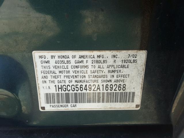 1HGCG56492A169268 - 2002 HONDA ACCORD LX GREEN photo 10